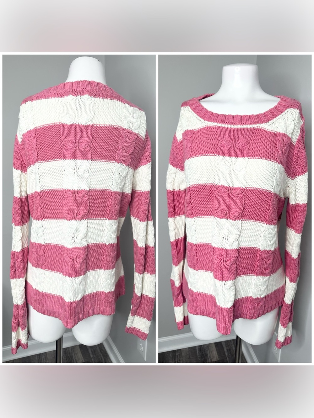 Old Navy Pink & White Striped Cable Knit Crew Sweater- L